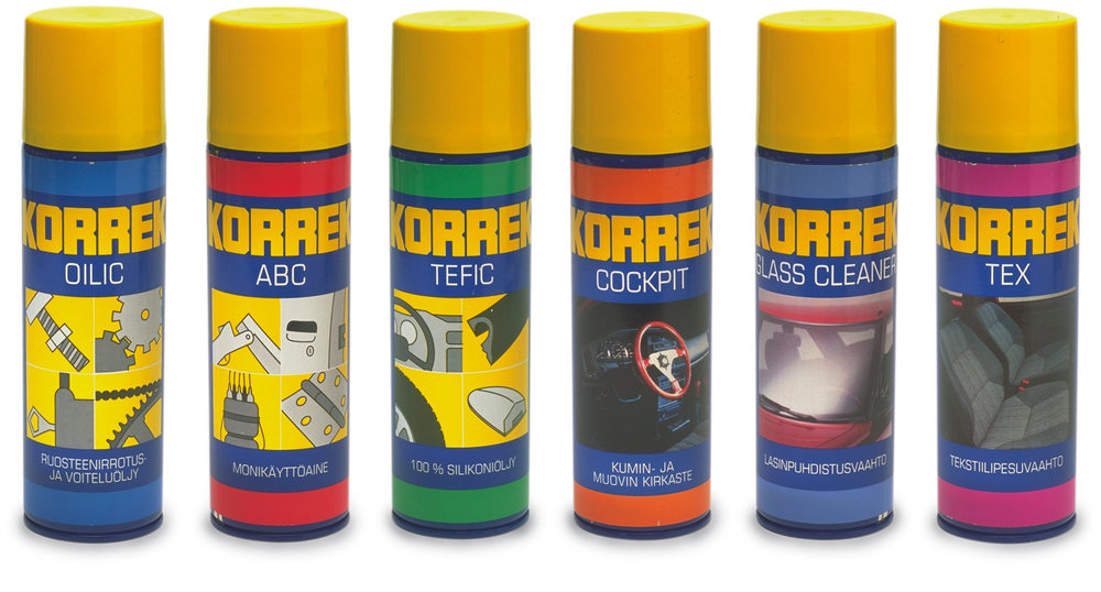 Korrek aerosolipakkauksia 1990-luvulta muun muassa Tefic silikoniöljy